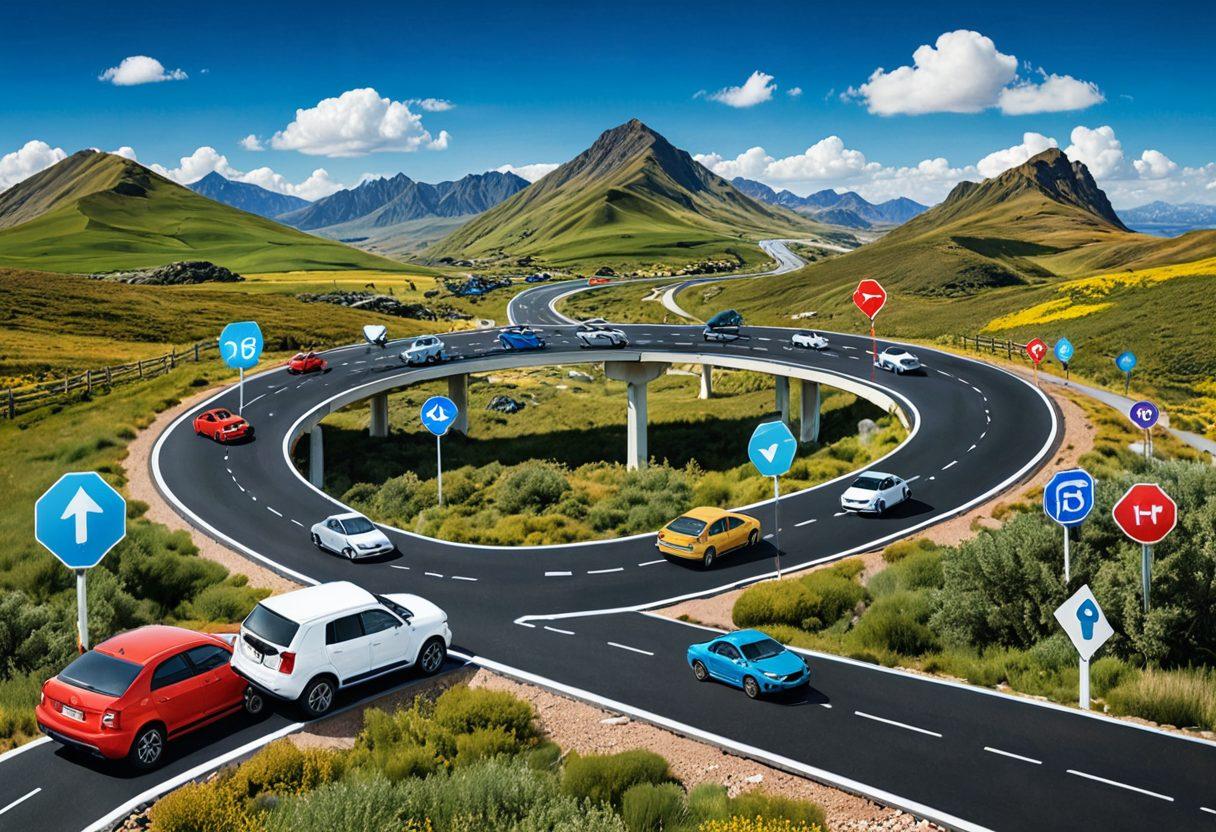 An intricate roadmap designed like a winding road, featuring various car icons symbolizing unique car policies. Include colorful signposts highlighting tips for tailored coverage, such as ‘Affordable Rates’, ‘Comprehensive Coverage’, and ‘Personalized Service’. Use a vibrant color palette to evoke a sense of adventure and exploration, with a clear blue sky and a few fluffy clouds to enhance the theme of navigating. super-realistic. vibrant colors.