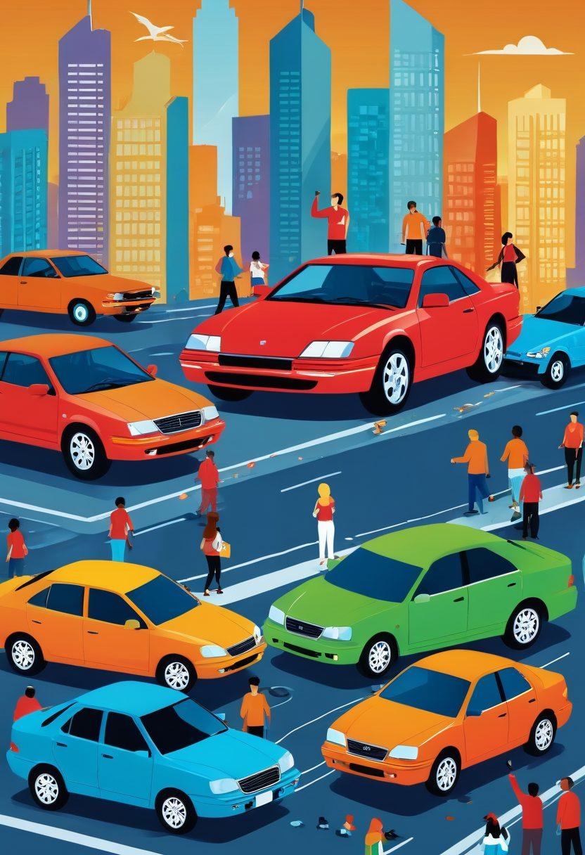 A creative and modern illustration showing a diverse group of people happily saving money while discussing benefits of auto insurance. Include elements of cars, coins, and discount coupons flowing around them, symbolizing smart financial decisions. The background should reflect a cityscape, emphasizing a contemporary lifestyle. bold colors. vector art. energetic vibes.