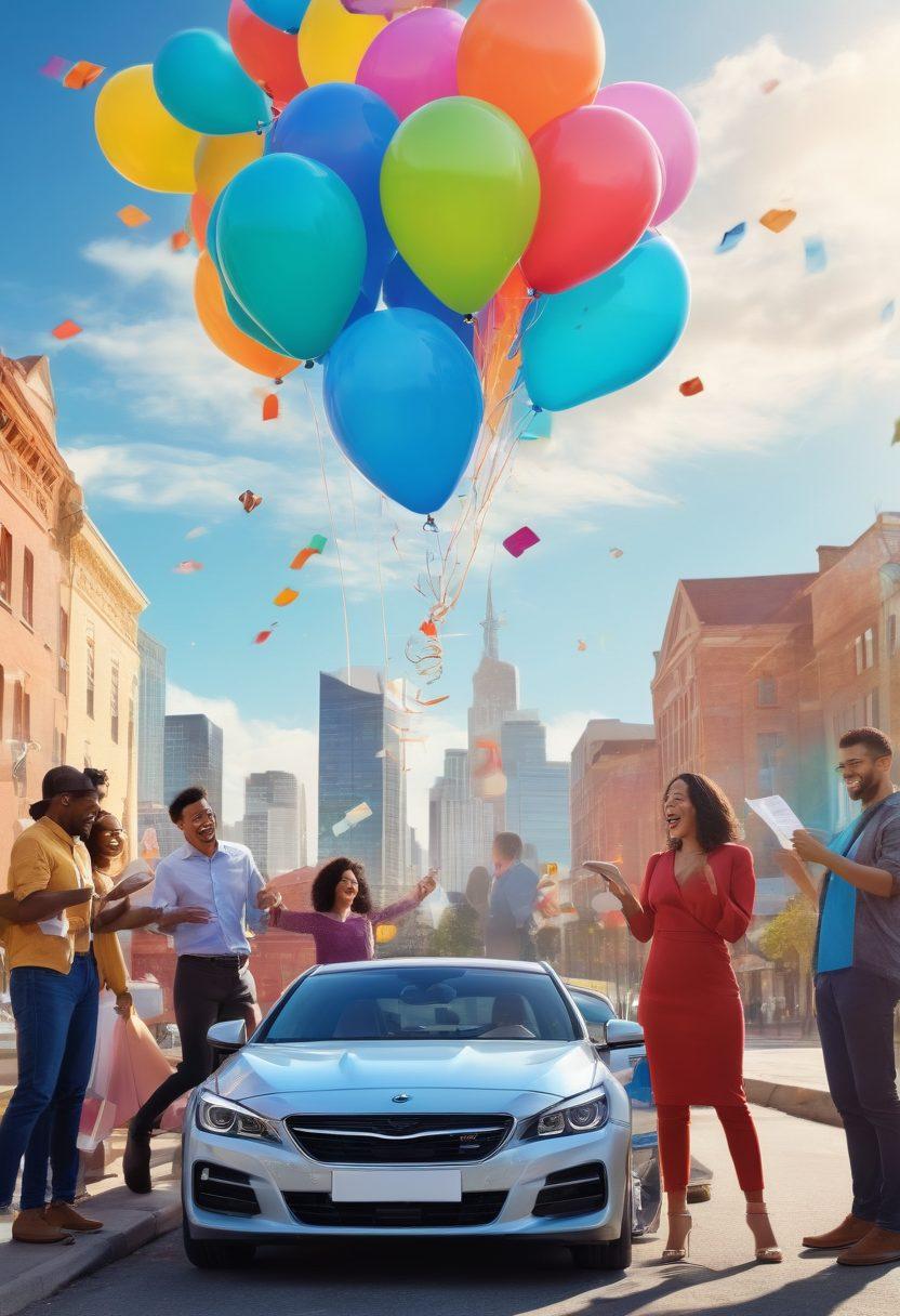 A diverse group of happy people celebrating with their newly purchased cars under a sunny sky, surrounded by various insurance documents, wallets, and calculators showcasing affordable rates. Include a large open lock symbol representing 'unlocking' coverage options. The background should feature a clear blue sky and a city skyline to imply accessibility. vibrant colors. 3D.